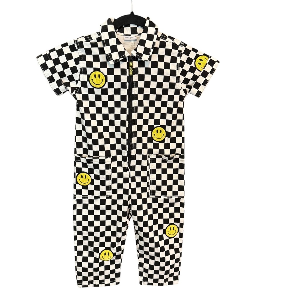 Little Trouble Smile Squad Checkered Jumpsuit 3T Black White Smiley Face Zip Up